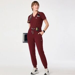 Figs burgundy Zamora high waisted scrub pants & Catarina scrub top
